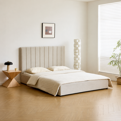 CAMBINDA - Lit coffre 140 cm en tissu beige
