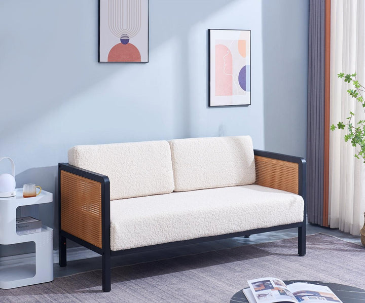 Canape 2/3 personnes en cannage et bouclettes blanches