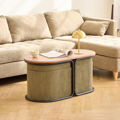 SENJA - Set d'une table basse en bois et 2 poufs en velours côtelé vert