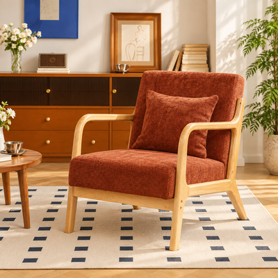 Fauteuil de salon en bois massif et tissu terracotta