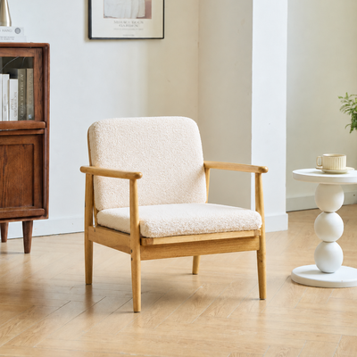 SURABAYA - Fauteuil de salon en bois massif et bouclettes blanches