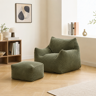 Pouf et repose pieds en velours côtelé vert