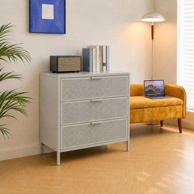 Commode 3 tiroirs en métal beige