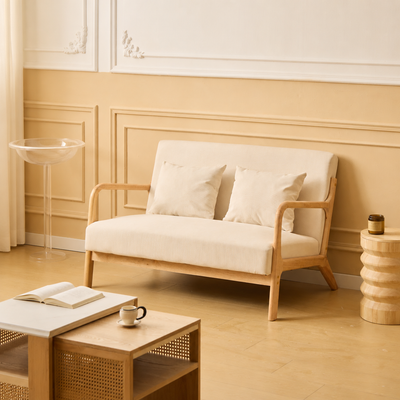 OHAMA - Banquette scandinave 2 places en bois et velours côtelé beige