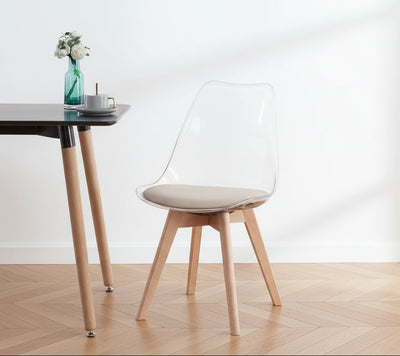 Lot de 4 chaises transparentes avec pieds en bois et assise beige