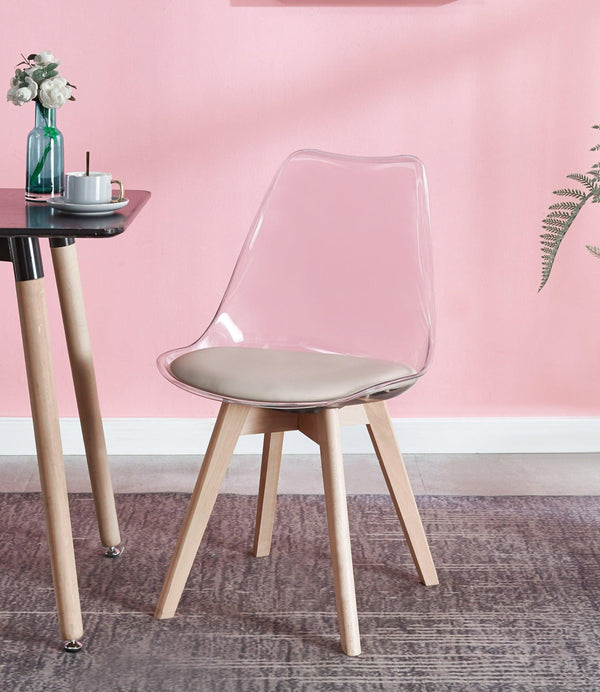 Lot de 4 chaises transparentes avec pieds en bois et assise beige