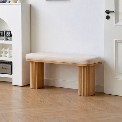 PIREUS - Banc en bois massif et velours beige