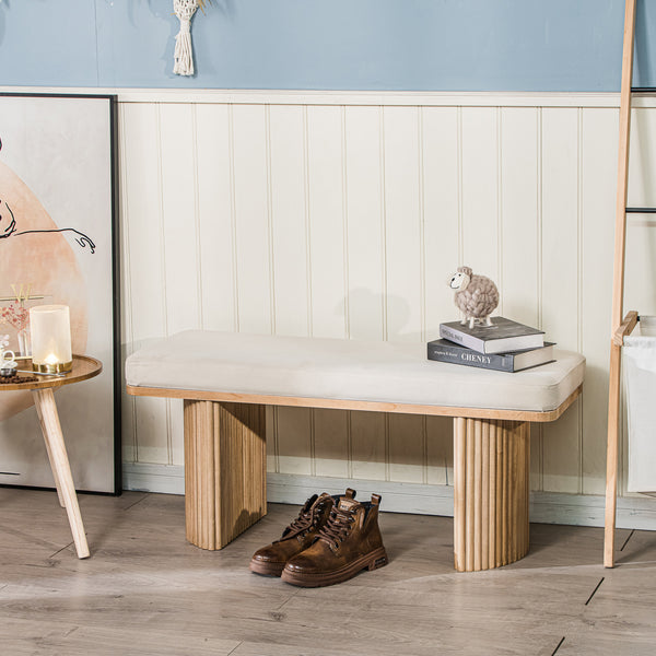 PIREUS - Banc en bois massif et velours beige