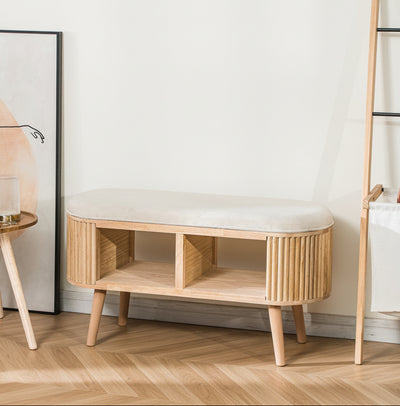 ISUMI - Banc avec rangement en bois et velours beige