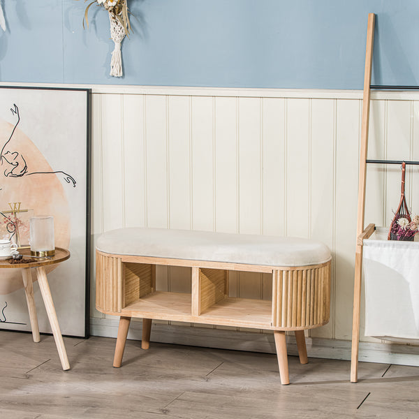 ISUMI - Banc avec rangement en bois et velours beige
