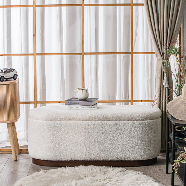 LIMA - Banc coffre avec rangement en bois et bouclettes blanches