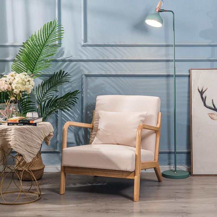 Fauteuil de salon en bois massif et tissu beige