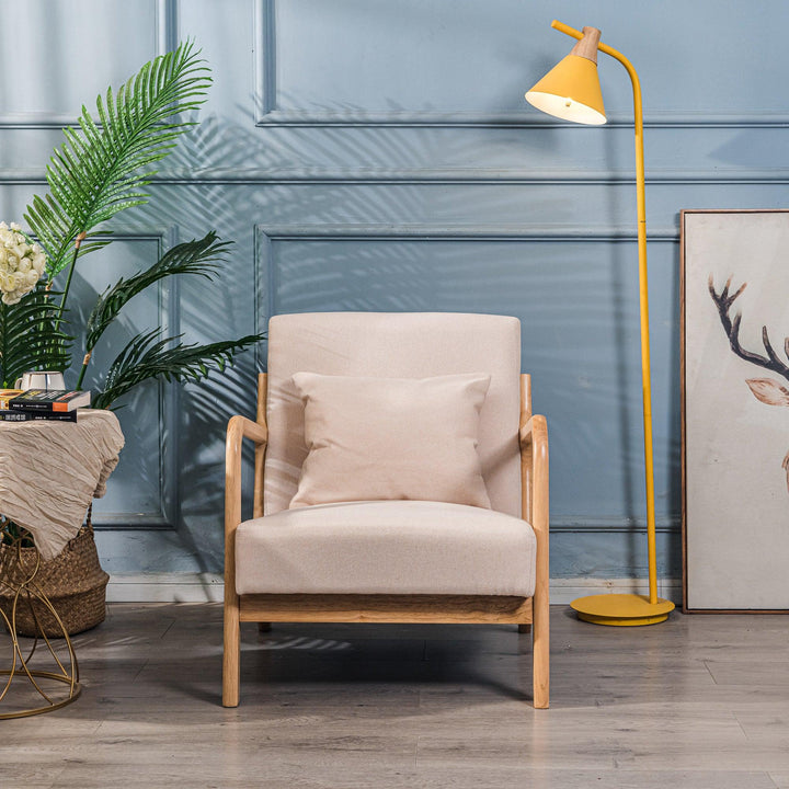 Fauteuil de salon en bois massif et tissu beige