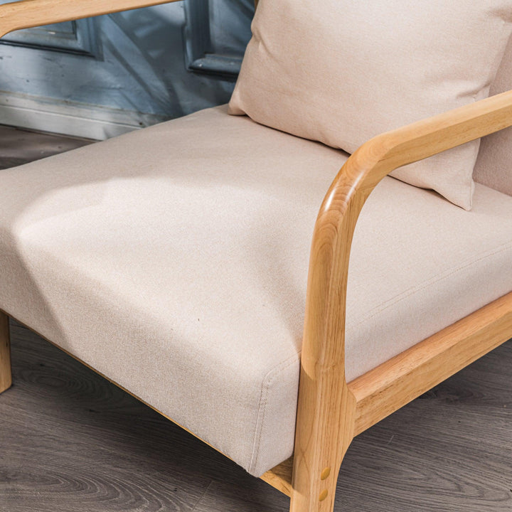 Fauteuil de salon en bois massif et tissu beige