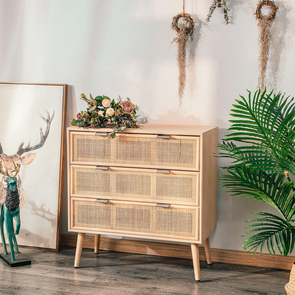 Commode 3 tiroirs en bois et rotin naturel