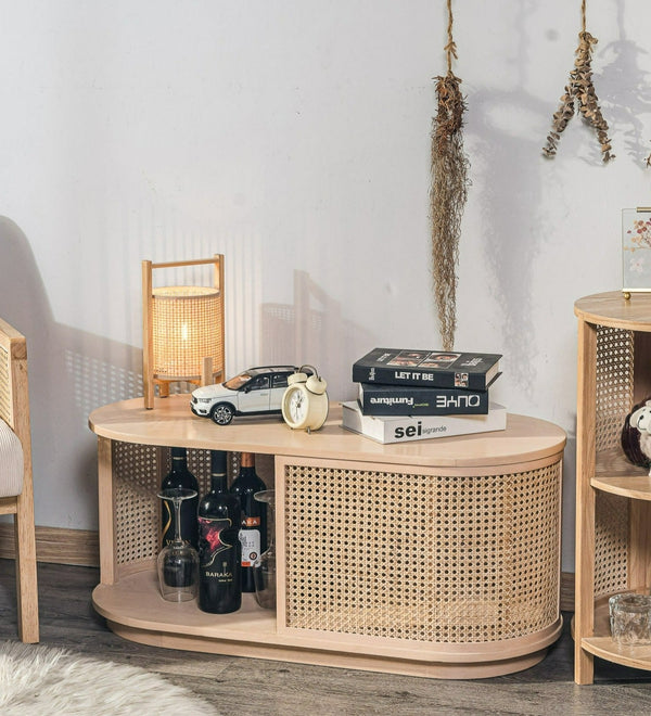 VIKNA - Table basse en frêne massif et rotin naturel