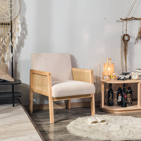 BORGO - Fauteuil de salon en bois massif et cannage beige