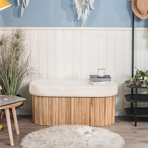 BAOTSU - Banc avec rangement en bois et velours beige