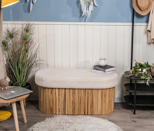 BAOTSU - Banc coffre avec rangement en bois et bouclettes blanches