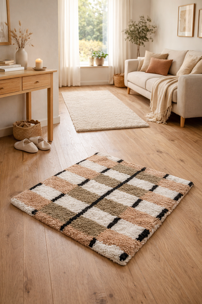 VAXJO - Tapis rectangulaire en coton avec motifs marrons et écrus 90 x 60 cm