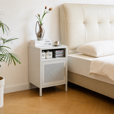 Table de chevet 1 porte en métal beige