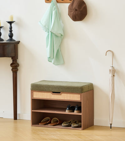 KUBO - Meuble à chaussures avec coffre en bois et velours côtelé vert khaki