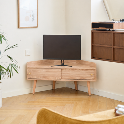 TORUN - Eck-TV-Schrank mit 2 Schiebetüren aus hellem Holz