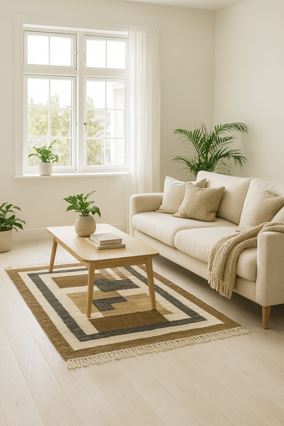 KOLARI - Tapis rectangulaire en coton avec motifs marrons et écrus 120 x 180 cm