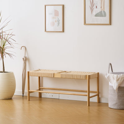Banc avec rangement en pin massif et corde marron