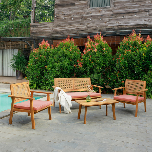 TEMUCO - Salon de jardin en rotin et bois massif rose