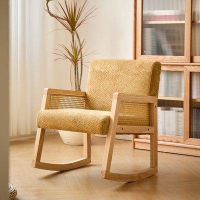 Rocking chair en bois massif, rotin et tissu jaune