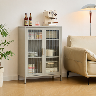 Buffet 2 portes en métal et verre strié beige
