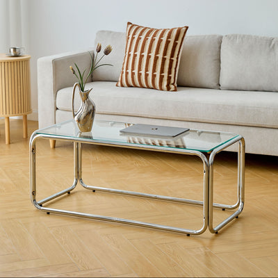 Table basse rectangulaire en métal et verre trempé transparent