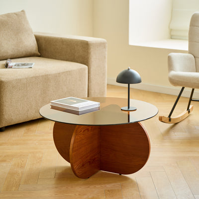 Table basse ronde en bois et verre trempé teinté foncé