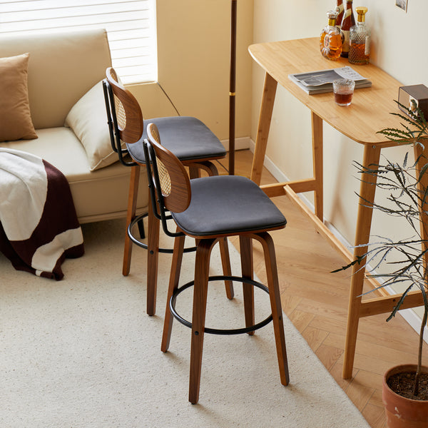 ALESUND - Lot de 2 tabourets de bar en bois massif et cannage noir