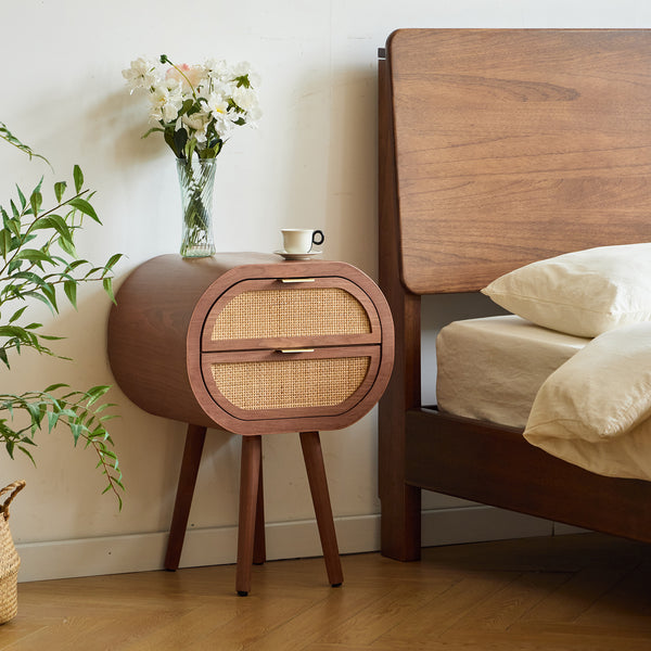 MALIRON - Table de chevet 2 tiroirs en rotin et bois de noyer