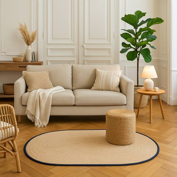 EIRA - Tapis ovale en jute naturelle tissée noir 150 x 90 cm