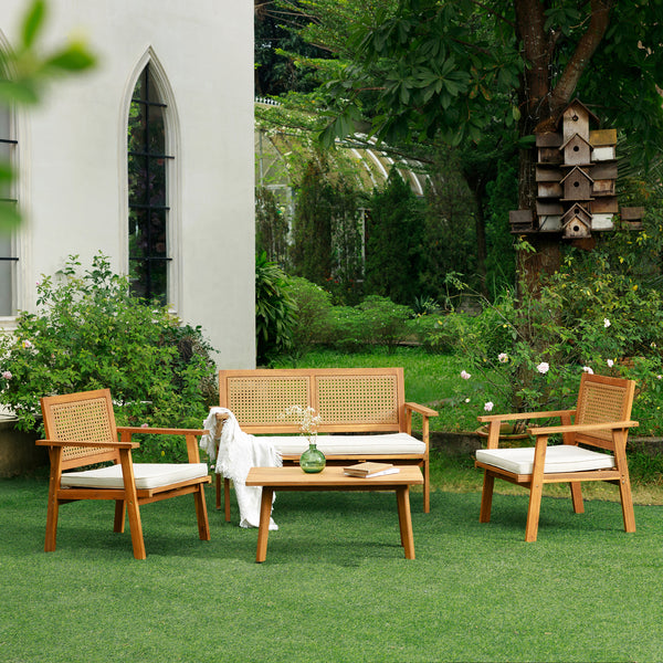 TEMUCO - Salon de jardin en rotin et bois massif beige