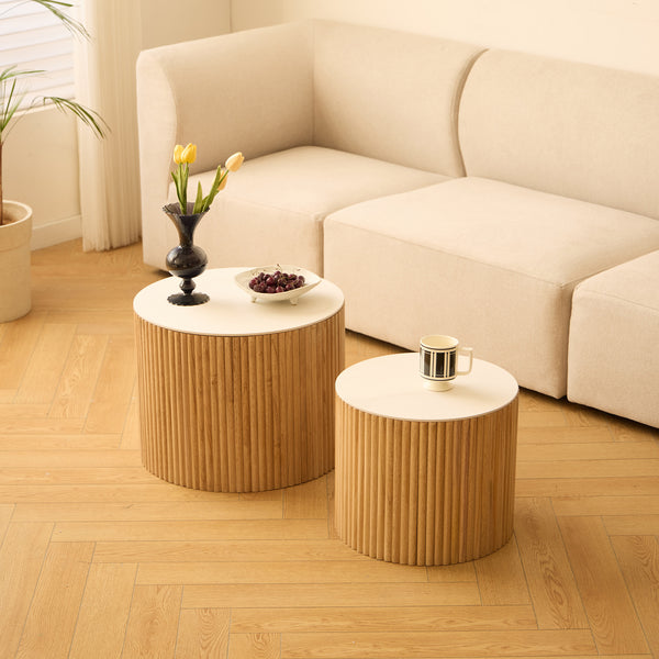 YATOMI - Set de 2 tables basses rondes en bois massif avec rangement