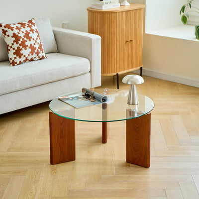Table basse ronde en bois et verre trempé teinté clair