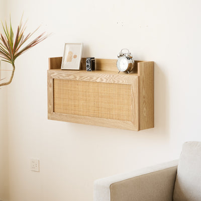 FARO - Bureau mural rabattable en bois et rotin avec rangements naturel