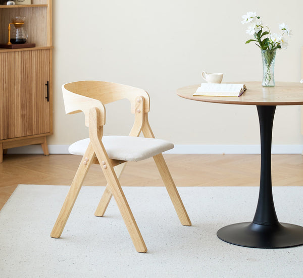 PORI - Lot de 2 chaises de salle à manger en bois massif et tissu beige