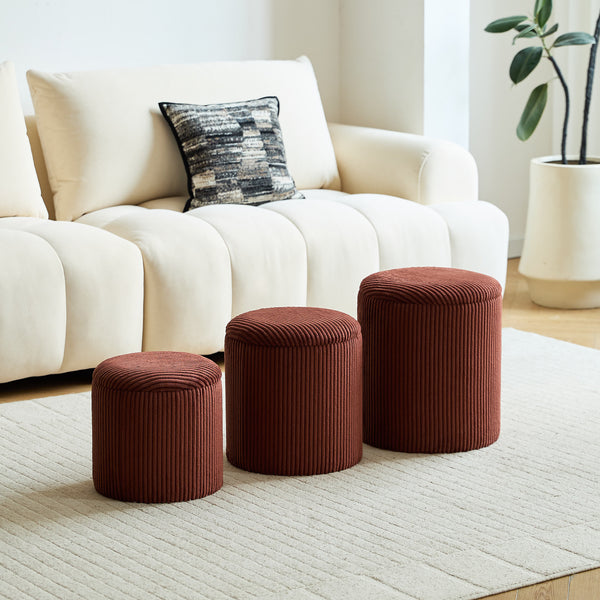 NARVIK - Set de 3 poufs avec rangement en bois et velours côtelé terracotta