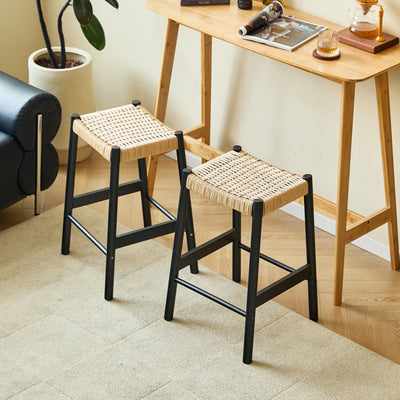SALTA - Set de 2 taburetes de bar de madera maciza negra y cuerda