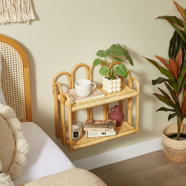 BELEM - Etagère suspendue murale 2 niveaux en rotin naturel