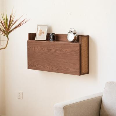 FARO - Bureau mural rabattable en bois et rotin avec rangements marron foncé