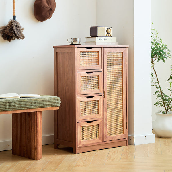 KIEL - Buffet meuble de rangement en bois de noyer et rotin