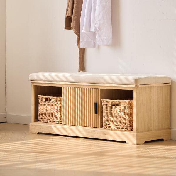 CHIBA - Banc avec rangements en bois et velours beige