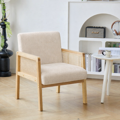 BORGO - Fauteuil de salon en bois massif et cannage beige