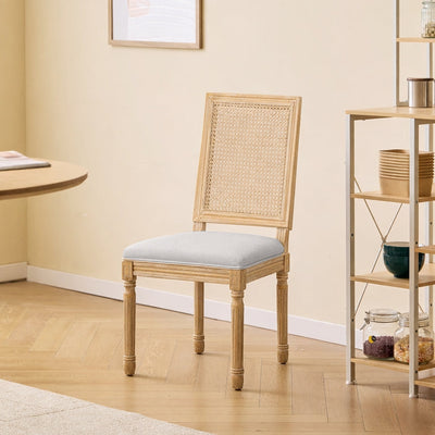 CAMBRIDGE - Lot de 2 chaises en bois et cannage avec assise en tissu gris clair
